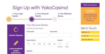 Yako casino: Регистрация