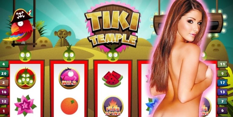 Обнаженная красотка позирует на фоне слота Tiki temple